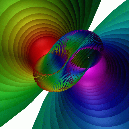 fundamental domain from outside hyperbolic space of group generated by element with trace .05+.05i, closeup