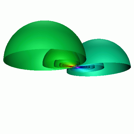 fundamental domain from inside hyperbolic space of group generated by element with trace .05+.05i, side view