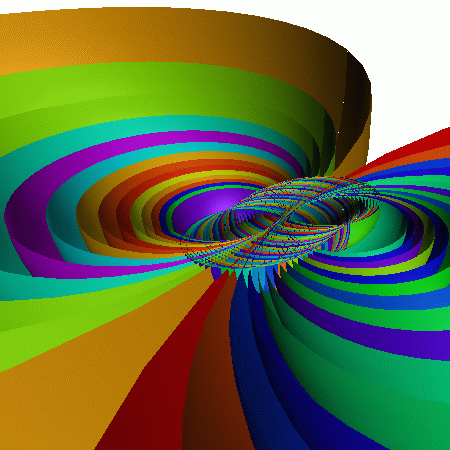 fundamental domain from inside hyperbolic space of group generated by element with trace .05+.05i, closeup, angled view, random colors